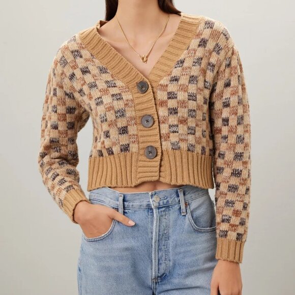 Rebecca Taylor NYC Women's Cropped Checkerboard Cardigan Size Large - Picture 1 of 5